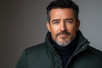 Fototapeta premium Handsome man wearing green coat and black turtleneck poses confidently against neutral background indoors
