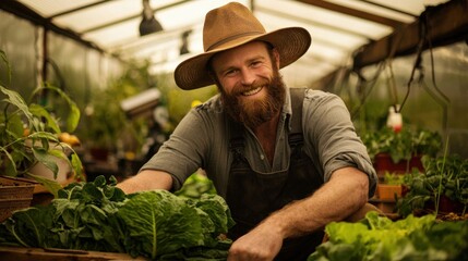 Obraz premium Passionate Farmer Tending to Organic Greenhouse Crops in a Sustainable Lifestyle