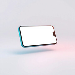 A 3D render of a modern smartphone with a blank screen, tilted slightly, isolated on a white background. High contrast, low-key lighting, warm terracotta and cool teal, deep shadows, minimalist style.