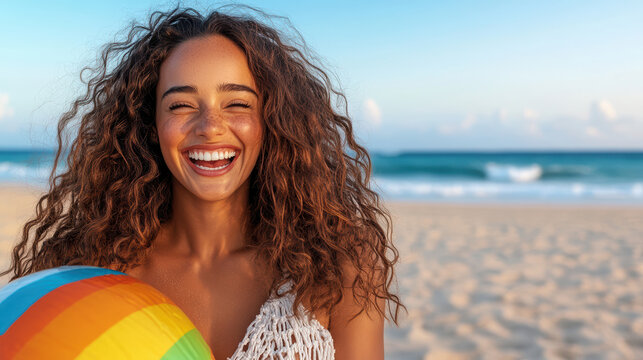 Happy woman laughing with beach ball on sunny beach