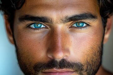 Obraz premium Young man with striking blue eyes and facial hair looking directly at the camera in a bright, neutral setting