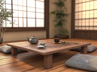 Traditional Japanese futon room with a low wooden table, teapot, and cushions creating a serene ambiance