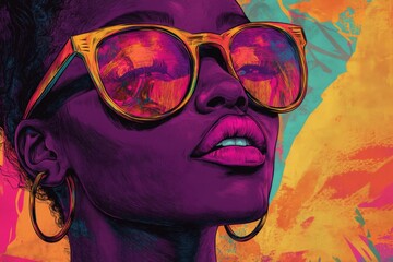 Colorful portrait of a woman wearing oversized sunglasses against a vibrant background