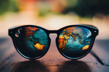 Stylish sunglasses with a world map reflection, symbolizing travel, adventure, global exploration, and wanderlust.