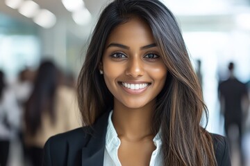 Fototapeta premium Professional woman smiles confidently in a modern office environment during a busy workday