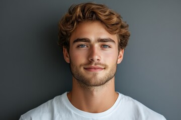 Fototapeta premium Young man with curly hair and blue eyes poses against a gray background in casual white t-shirt, exuding confidence and charm