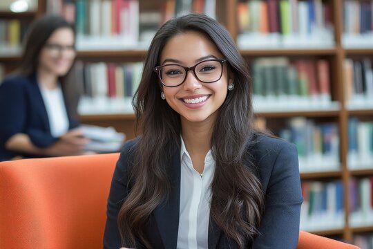 Confident young woman in glasses smiles while sitting in a library filled with books and a fellow student in the background