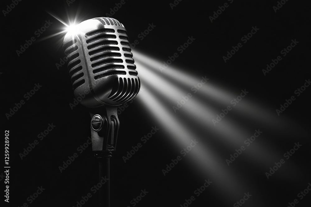 Poster vintage microphone illuminated on stage with dramatic lighting during a live performance or event