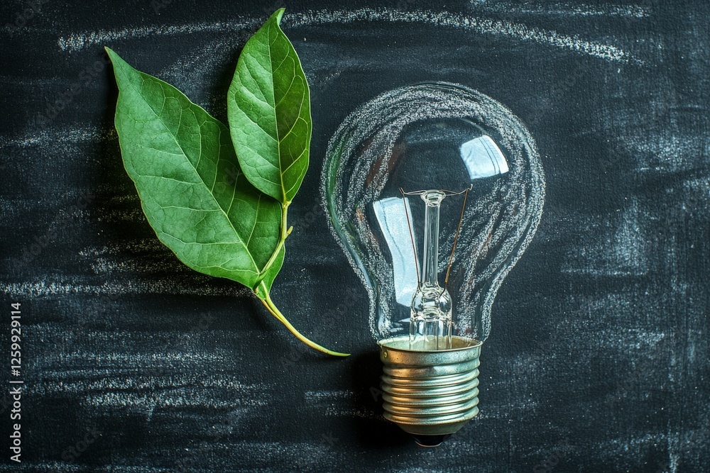 Aufkleber innovative concept of nature and technology represented by a light bulb and green leaves on a chalkb