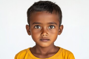 Young boy with expressive eyes in a simple yellow shirt against a plain background