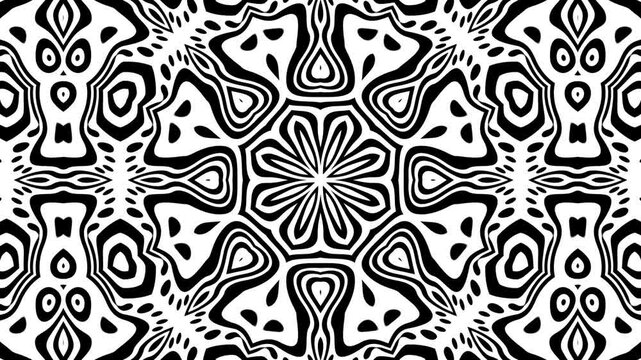 A mesmerizing black and white kaleidoscopic mandala with swirling fluid symmetry, shifting geometric patterns, and hypnotic motion in a seamless loop