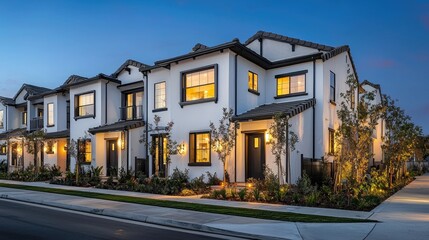 Fototapeta premium Luxury Townhouses at Dusk: Elegant Modern Architecture