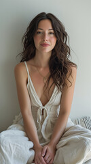 Naklejka premium Young woman with wavy brunette hair in a white summer dress indoors