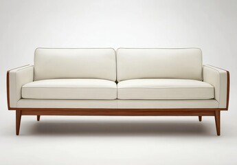 Mid-century modern couch, white leather with wooden legs, white background, straight shot, centered in frame