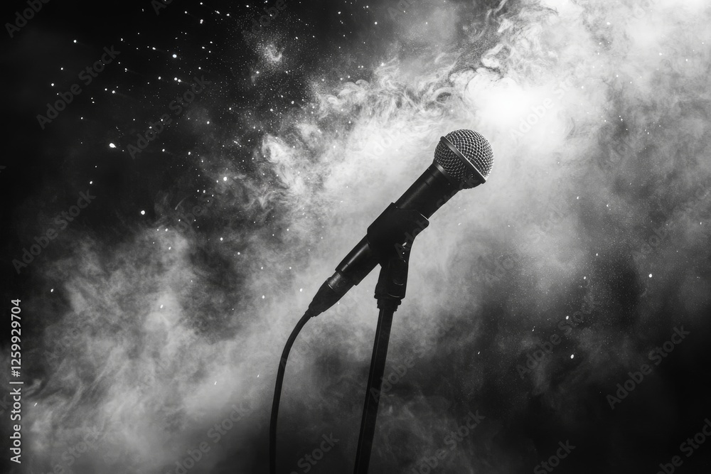 Poster microphone on stage surrounded by mist and stars creates an enchanting atmosphere for live performan