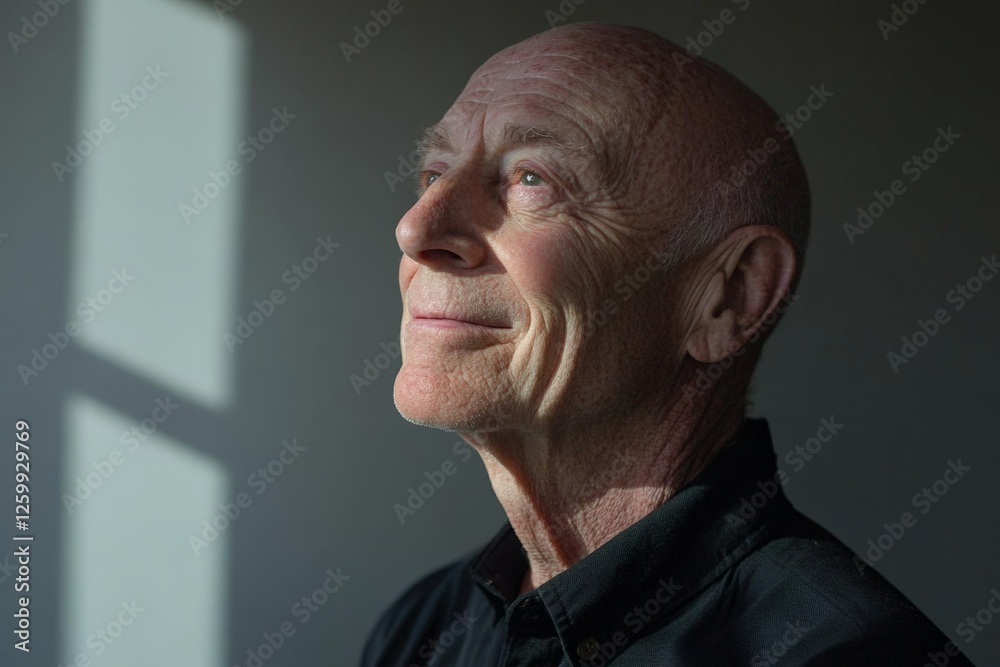 Poster elderly man gazing thoughtfully towards sunlight streaming through a window in a serene indoor setti