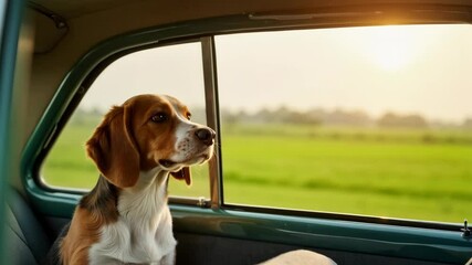 Curious Beagle Looking Out Car Window in Countryside