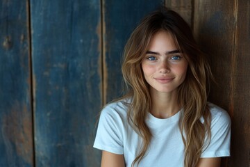 Fototapeta premium Young woman with long hair smiles gently against a rustic wooden backdrop in natural light