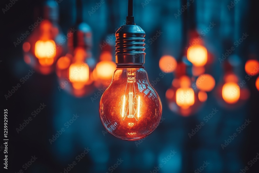 Leinwandbilder Warm glowing light bulbs illuminate a dark setting with soft bokeh background in a creative display of light and design