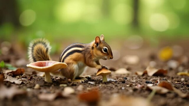 Curious chipmunk inspecting wild mushrooms on forest floor