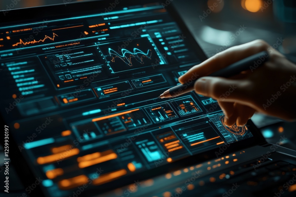 Poster Person interacting with a digital interface while analyzing data at a modern workspace