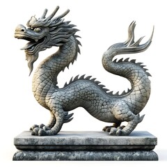 Obraz premium A detailed stone statue of a Chinese dragon with intricate scales, a fierce expression, and a flowing tail, standing on a rectangular pedestal.