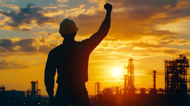 Silhouette of a worker in a hard hat with arm raised victoriously against a sunset backdrop of an industrial refinery.