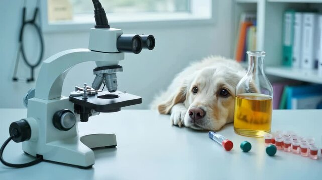 Golden retriever curiously observing veterinary microscope in lab