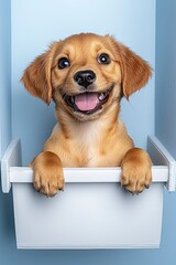 Happy Golden Retriever Puppy in a White Box