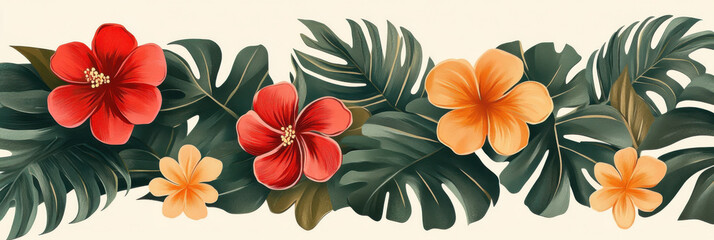 Obraz premium 1970's mod graphic style border featuring tropical flowers and leaves,