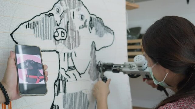 A person is working on an artistic representation of a dog, using a smartphone as a reference for their creation. The image captures the blend of technology and traditional artistic methods in a creat
