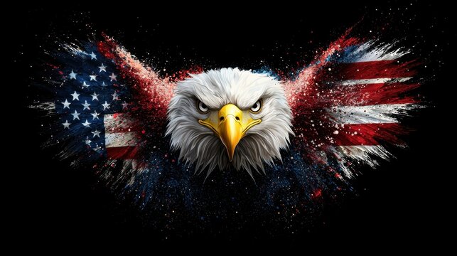Majestic Bald Eagle Soaring with Spread Wings Over Patriotic American Flag