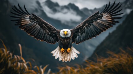 Majestic Bald Eagle Soaring in Dramatic Stormy Skies