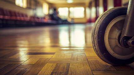 Wheelchair Wheel on Polished Wooden Floor: A Glimpse into a Calm Indoor Setting
