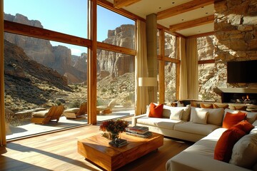 Fototapeta premium Modern canyon retreat stunning sandstone walls scenic landscape interior design serene environment inviting viewpoint