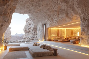 Unique modern canyon retreat with sandstone walls desert location interior design tranquil environment panoramic view luxury concept