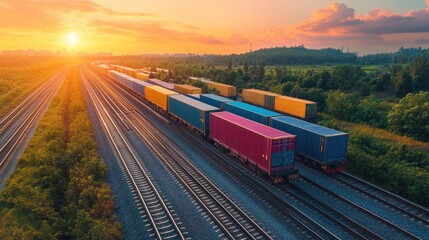 Freight Train Sunset: A long freight train carrying colorful cargo containers rumbles along railroad tracks towards a stunning sunset horizon.