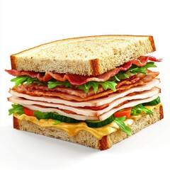Obraz premium Club Sandwich with layers of turkey, bacon, and fresh veggies, isolated on white