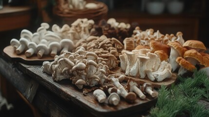 Obraz premium Freshly Gathered Assorted Mushrooms Displayed on Rustic Wooden Table
