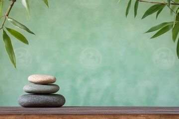 Zen stones stack, bamboo leaves, peaceful background, wooden surface
