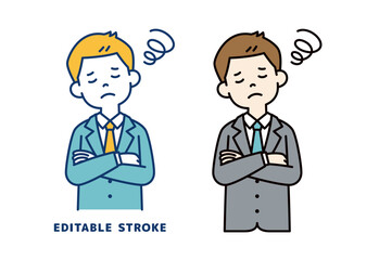 腕を組んで考える、若いビジネスマンのベクターイラスト素材＿線幅の編集可能