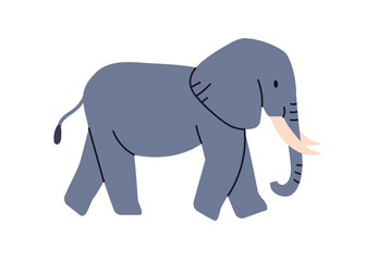 Baby elephant calf walking in profile. Cute adorable wild mammal, African jungle animal with trunk, large ears and tusks, going, side view. Kids flat vector illustration isolated on white background