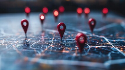Global Network: Red pins mark points on a stylized map, a network of interconnectedness symbolized by the glowing city lights beneath, a vibrant representation of global connectivity. 