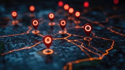 Global Network: A futuristic, stylized map of a city at night, illuminated with glowing orange lines depicting connections and multiple location markers highlighting key points.