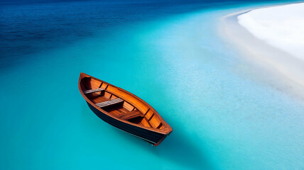 Calm Blue Waterscape: Single Rowboat from Above - Minimalist Aerial View of a Wooden Canoe