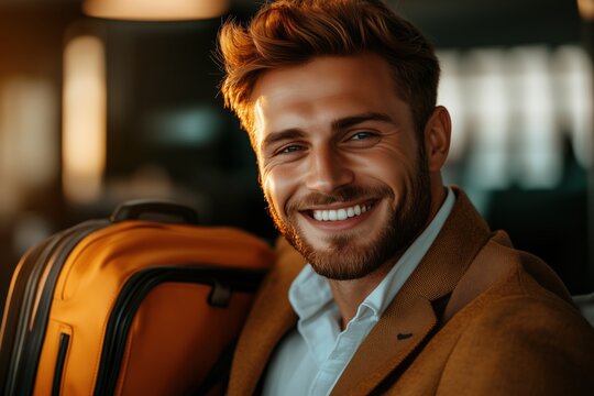 Attractive and confident businessman, impeccably dressed, radiating purposefulness and ambition, traveling by transport.