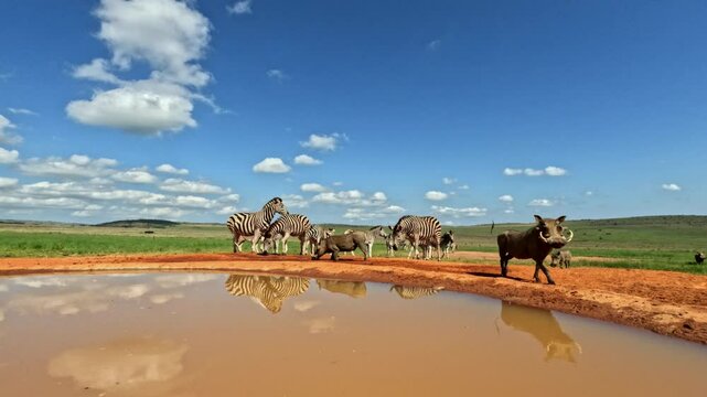 Warthogs and zebras on edge of muddy waterhole on beautiful day in Africa