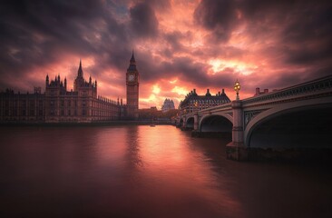 Naklejka premium London Houses of Parliament, Big Ben, Sunset over River Thames, Dramatic Sky
