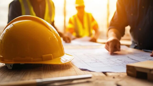 Construction engineer workers reviewing plans at job site with helmet.