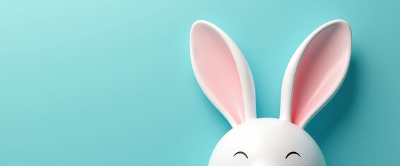 Obraz premium 3D render white Easter bunny with pink ears peeking from bottom on aqua blue background, for banner or social media